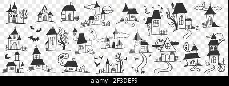 Edifici e case con fantasmi doodle set. Raccolta di diverse facciate disegnate a mano di case da costruzione con fantasmi misteriosi durante la notte isolato su sfondo trasparente Illustrazione Vettoriale