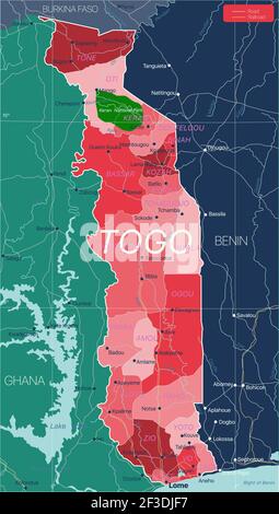 Paese del Togo Mappa dettagliata modificabile con regioni città e città, strade e ferrovie, siti geografici. File vettoriale EPS-10 Illustrazione Vettoriale