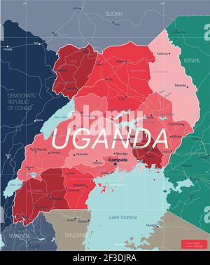 Paese Uganda mappa dettagliata modificabile con regioni città e città, strade e ferrovie, siti geografici. File vettoriale EPS-10 Illustrazione Vettoriale