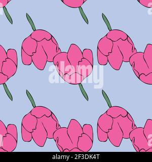 Vector blue background bianco rosa motivo floreale senza cuciture. Margherite, gigli, tulipani. Sfondo con ripetizione senza giunture Illustrazione Vettoriale