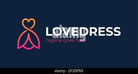 icona vettore del logo love clothing. Abito boutique alla moda con logo a forma di cuore con appendiabiti Illustrazione Vettoriale