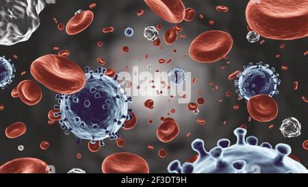 COVID-19 . Coronavirus galleggianti sul flusso sanguigno con globuli rossi e globuli bianchi che fluiscono nel vaso . Vista microscopica del virus e delle cellule umane Foto Stock