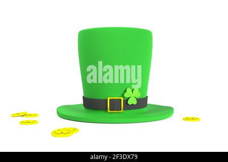 Giorno di San Patrizio. Cappello verde Leprechaun con foglia di trifoglio su isolato su sfondo bianco. rendering 3d Foto Stock