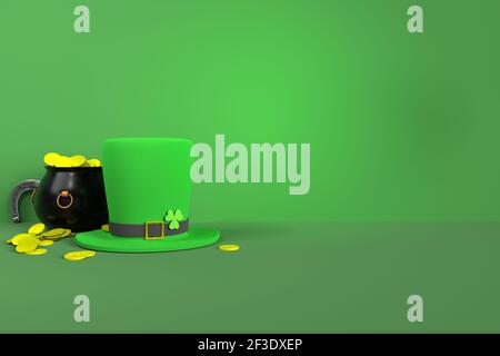 Sfondo per st. Festa di Patrick's Day con copyspace, cappello verde Leprechaun e monete d'oro - illustrazione 3d Foto Stock