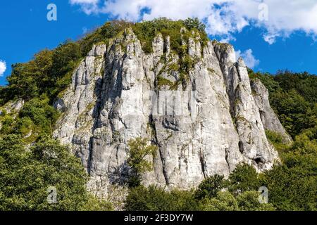 Picco di pietra calcarea di montagna Sokolica nella valle di Bedkowska all'interno del Giura Krakowsko-Czestochowska Upland vicino a Cracovia nella Polonia minore Foto Stock