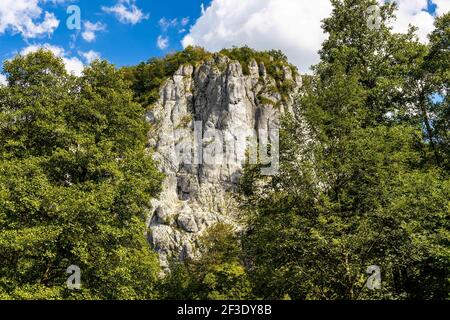 Picco di pietra calcarea di montagna Sokolica nella valle di Bedkowska all'interno del Giura Krakowsko-Czestochowska Upland vicino a Cracovia nella Polonia minore Foto Stock