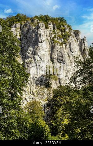 Picco di pietra calcarea di montagna Sokolica nella valle di Bedkowska all'interno del Giura Krakowsko-Czestochowska Upland vicino a Cracovia nella Polonia minore Foto Stock