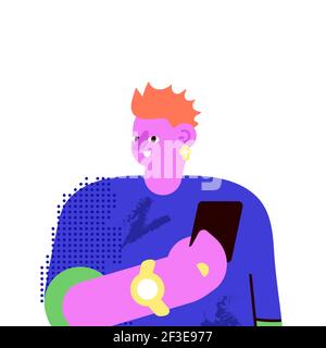 Felice uomo sorridente millenario che tiene vettore smartphone Illustrazione Vettoriale