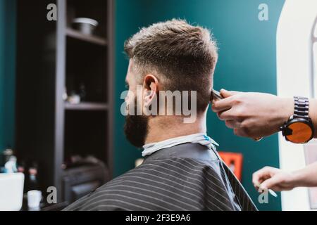 Primo piano processo di taglio maschile, uomo bearded seduto in sedia barbiere e parrucchiere taglia i suoi capelli con il regolacapelli. Foto Stock