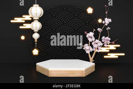 Decorazione Sakura e granito esagonale concetto rosso podio. Rendering 3D Foto Stock