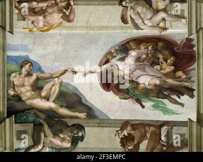 La creazione di Adamo (soffitto della Cappella Sistina in Vaticano), 1508-1512. Trovato nella collezione della Cappella Sistina, Vaticano. Foto Stock