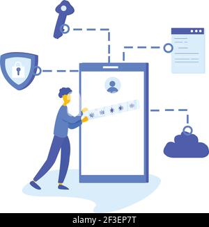Design piatto della sicurezza Internet, concetto di protezione dei dati. Un uomo che mette la password nel suo smartphone. Moderna illustrazione vettoriale in stile cartoon piatto Illustrazione Vettoriale