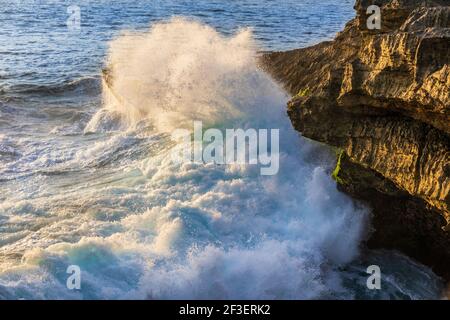 Grande onda che si schiantano contro la scogliera costiera a Devil's Tear, Nusa Lembongan, Bali, Indonesia. Spruzzare nell'aria, oceano sullo sfondo. Foto Stock