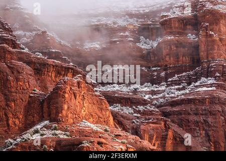 Closeup di roccia di arenaria rossa durante la tempesta di neve, Sedona, Arizona. Vegetazione desertica, coperta di neve, aggrappata alle sporgenze sul viso a strapiombo. Foto Stock