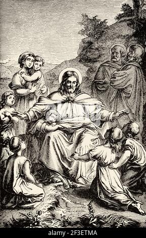 Cristo benedice i bambini piccoli. Nuovo Testamento, l'antico 19 ° secolo inciso illustrazione da Storia della Bibbia 1883 Foto Stock