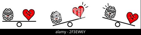 Cute Kawaii stile cervello e cuore su scale di peso, equilibrato o un lato più pesante versione, emozioni e pensiero razionale conflitto concetto Illustrazione Vettoriale