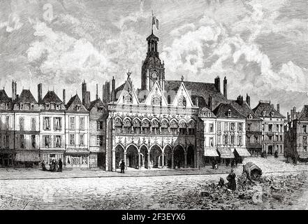 Municipio, Hotel de Ville di Saint-Quentin, dipartimento Aisne, regione Piccardia. Francia settentrionale. Francia, Europa. Antica illustrazione del XIX secolo incisa da Histoires de l'Ancien Temps 1889 Foto Stock