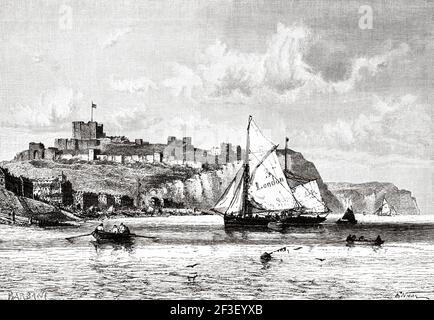 Dover Castle, dalla spiaggia sotto Shakspeare's Cliff, Inghilterra, Regno Unito, Europa. Antica illustrazione del XIX secolo incisa da Histoires de l'Ancien Temps 1889 Foto Stock
