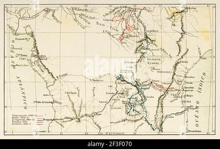 Mappa che mostra i viaggi degli esploratori Georg August Schweinfurth, Samuel Baker, David Livingstone, Henry Morton Stanley e Verney Lovett Cameron in Africa, 1866–1875. Vecchia illustrazione di litografia di colore del 19 ° secolo Foto Stock