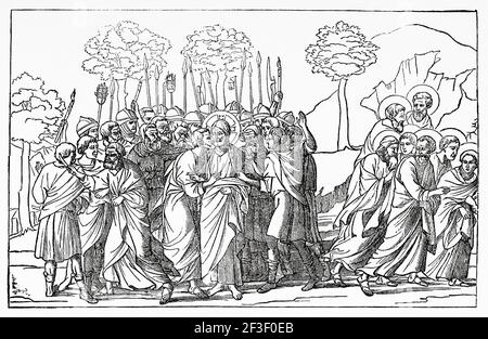 L'arresto di Cristo. Giuda che dà a Gesù un bacio nel giardino del Getsemene. Vecchio 19 ° secolo inciso illustrazione da Gesù Cristo di Veuillot 1890 Foto Stock