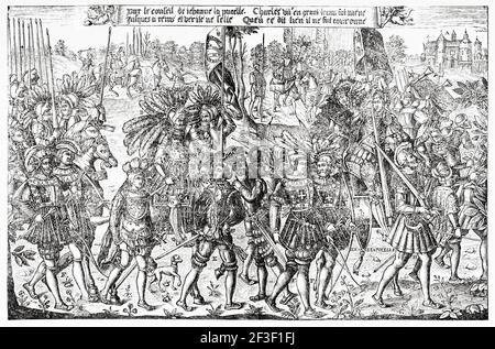 Ingresso dell'imperatore Carlo VII a Reims sotto la guida di Giovanna d'Arco. Vecchio 19 ° secolo inciso illustrazione da Gesù Cristo di Veuillot 1890 Foto Stock