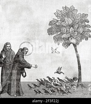 San Francesco d'Assisi predica agli uccelli. Vecchio 19 ° secolo inciso illustrazione da Gesù Cristo di Veuillot 1890 Foto Stock