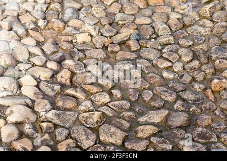 vecchio pavimento bagnato di pietra. sfondo di patter Foto Stock