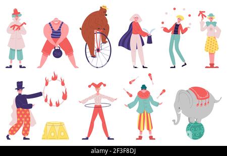 Artisti circensi. Artist juggler, acrobat, magician performer, uomo forte, clown e addestrato animali vettoriali set di illustrazione. Artisti circensi di Carnevale Illustrazione Vettoriale