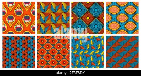 Cera etnica modello tessile. African astratto cera senza giunture ornamenti vettore sfondo illustrazione set. Colori vivaci tessuto decorativo Illustrazione Vettoriale