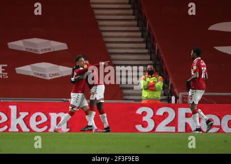 MIDDLESBROUGH, INGHILTERRA. 16 MARZO: Marcus Tavernier di Middlesbrough festeggia dopo aver segnato il loro secondo gol durante la partita del campionato Sky Bet tra Middlesbrough e Preston North End al Riverside Stadium di Middlesbrough martedì 16 marzo 2021. (Credit: Mark Fletcher | MI News) Credit: MI News & Sport /Alamy Live News Foto Stock