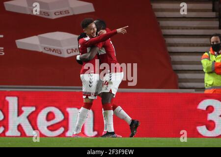 MIDDLESBROUGH, INGHILTERRA. 16 MARZO: Marcus Tavernier di Middlesbrough festeggia dopo aver segnato il loro secondo gol durante la partita del campionato Sky Bet tra Middlesbrough e Preston North End al Riverside Stadium di Middlesbrough martedì 16 marzo 2021. (Credit: Mark Fletcher | MI News) Credit: MI News & Sport /Alamy Live News Foto Stock