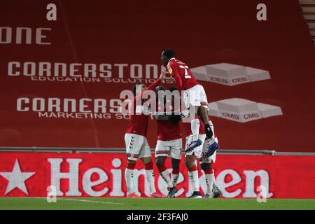 MIDDLESBROUGH, INGHILTERRA. 16 MARZO: Marcus Tavernier di Middlesbrough festeggia dopo aver segnato il loro secondo gol durante la partita del campionato Sky Bet tra Middlesbrough e Preston North End al Riverside Stadium di Middlesbrough martedì 16 marzo 2021. (Credit: Mark Fletcher | MI News) Credit: MI News & Sport /Alamy Live News Foto Stock