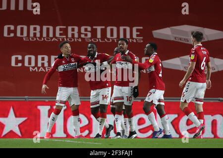 MIDDLESBROUGH, INGHILTERRA. 16 MARZO: Marcus Tavernier di Middlesbrough festeggia dopo aver segnato il loro secondo gol durante la partita del campionato Sky Bet tra Middlesbrough e Preston North End al Riverside Stadium di Middlesbrough martedì 16 marzo 2021. (Credit: Mark Fletcher | MI News) Credit: MI News & Sport /Alamy Live News Foto Stock