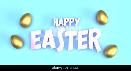 Concetto di rendering 3D di Pasqua: Biglietto d'auguri con testo PASQUALE FELICE su sfondo blu pastello con ombra liscia. Quattro uova dorate metalliche. Illustrato Foto Stock