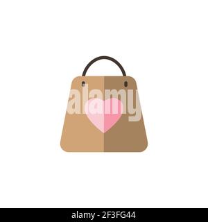 Borsa shopping di San Valentino con cuore. Simbolo d'amore. Icona a colori piatti. Illustrazione del vettore commerciale isolato Illustrazione Vettoriale