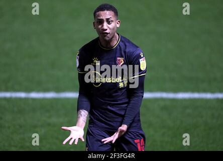 Joao Pedro di Watford reagisce durante la partita del campionato Sky Bet all'AESSEAL New York Stadium di Rotherham. Data immagine: Martedì 16 marzo 2021. Foto Stock