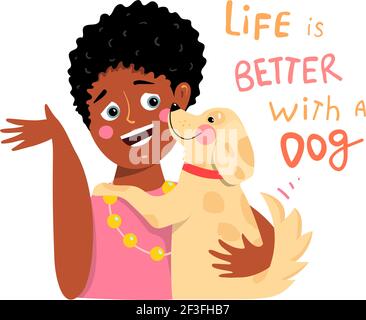 Ragazza e cane migliori amici sorridendo insieme Cartoon Illustrazione Vettoriale