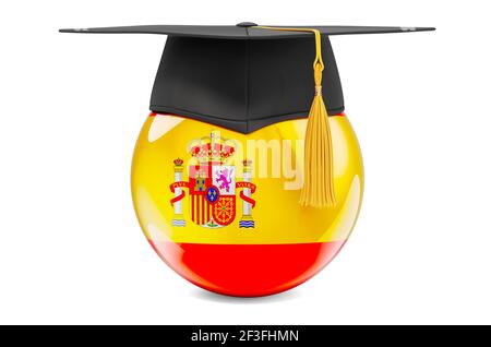 Istruzione in Spagna concetto. Bandiera spagnola con tappo graduato, rendering 3D isolato su sfondo bianco Foto Stock