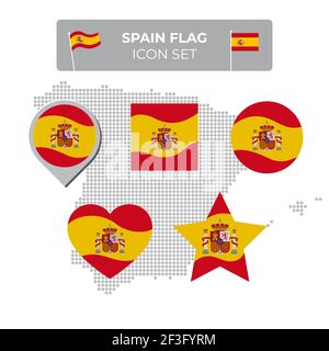 Spagna icone di bandiere impostate in forma di quadrato, cuore, cerchio, stelle e puntatore, indicatore di mappa, mappa del mosaico della spagna. Ondulazione nel vento. Bandiera spagnola. Vettore Illustrazione Vettoriale