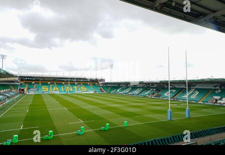 Vista generale del Frankin’s Gardens Stadium prima della partita durante una partita della Gallagher Premiership Round 13 Rugby Union, sabato 13 marzo 2021, in Foto Stock