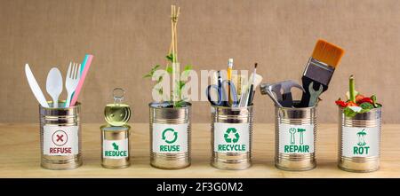 Gestione zero rifiuti, illustrata in 6 vecchie lattine con etichette rifiuti, ridurre, riciclare, riparare, riutilizzare, marciume. Risparmio di denaro, stile di vita ecologico, sostenibile l Foto Stock