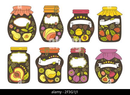 Etichetta o adesivo vaso con set di doodle di frutta. Imballo di etichette per appunti, data o prezzo. Succo di cartone susina di pesca, mela albicocca. Telaio prodotto coltivatore raccolta mercato. Illustrazione vettoriale Illustrazione Vettoriale
