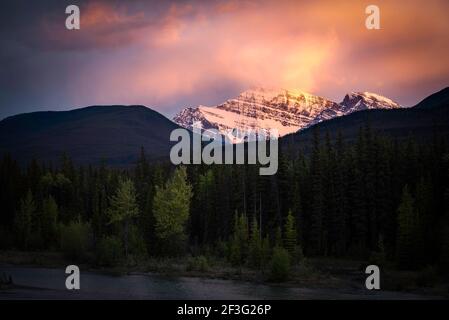 Un vivace tramonto lungo il fiume Athabasca come le nuvole Sopra il monte Edith Cavell, prendi fuoco nel Jasper National Park Foto Stock