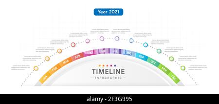 Modello infografico per le aziende. 12 mesi Calendario diagramma cronologico moderno, infografica vettoriale di presentazione. Illustrazione Vettoriale