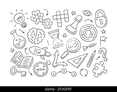 Puzzle e indovinelli. Set di oggetti tracciati a mano isolati. Crossword puzzle, labirinto, cervello, Scacchi pezzo, lampadina. Illustrazione Vettoriale