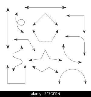 Icone di impostazione a doppia freccia con tratto modificabile tratteggiato e punto finale mobile. Frecce geometriche per gli shemi, infografiche dei disegni. Illustrazione Vettoriale