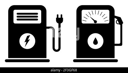 Stazione di carica elettrica e a gas. Icone delle stazioni di servizio vettoriali. Design piatto isolato su sfondo bianco. Illustrazione Vettoriale