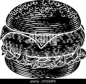 Burger Hamburger d'epoca Woodcut Illustrazione Illustrazione Vettoriale