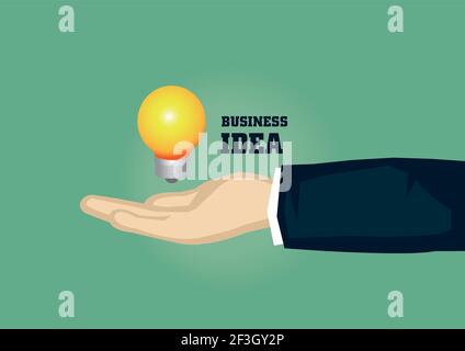 Illustrazione vettoriale di una lampadina illuminata che si trova sopra una mano di ricezione in tuta da lavoro. Idea di concetto per il business isolata su sfondo verde. Illustrazione Vettoriale