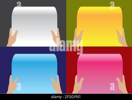 Set di quattro modelli di layout vettoriali con illustrazioni di due mani che tengono la carta vuota scorrono in posizione di lettura diverso colore ba Illustrazione Vettoriale